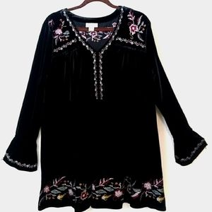 Style & Co Dress Long Black Crushed Velvet Embroidered Dress